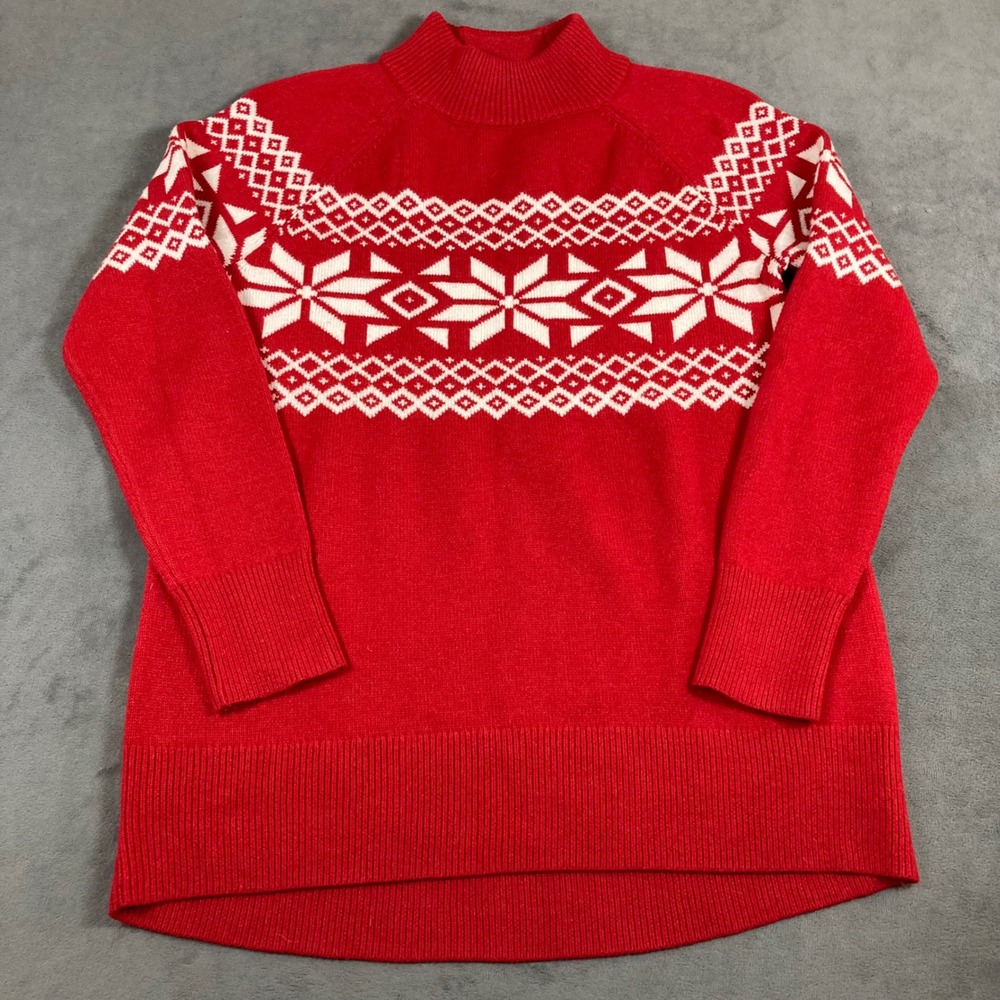 Talbots Red Fair Isle Snowflake Mock Neck Sweater Thermolite Small